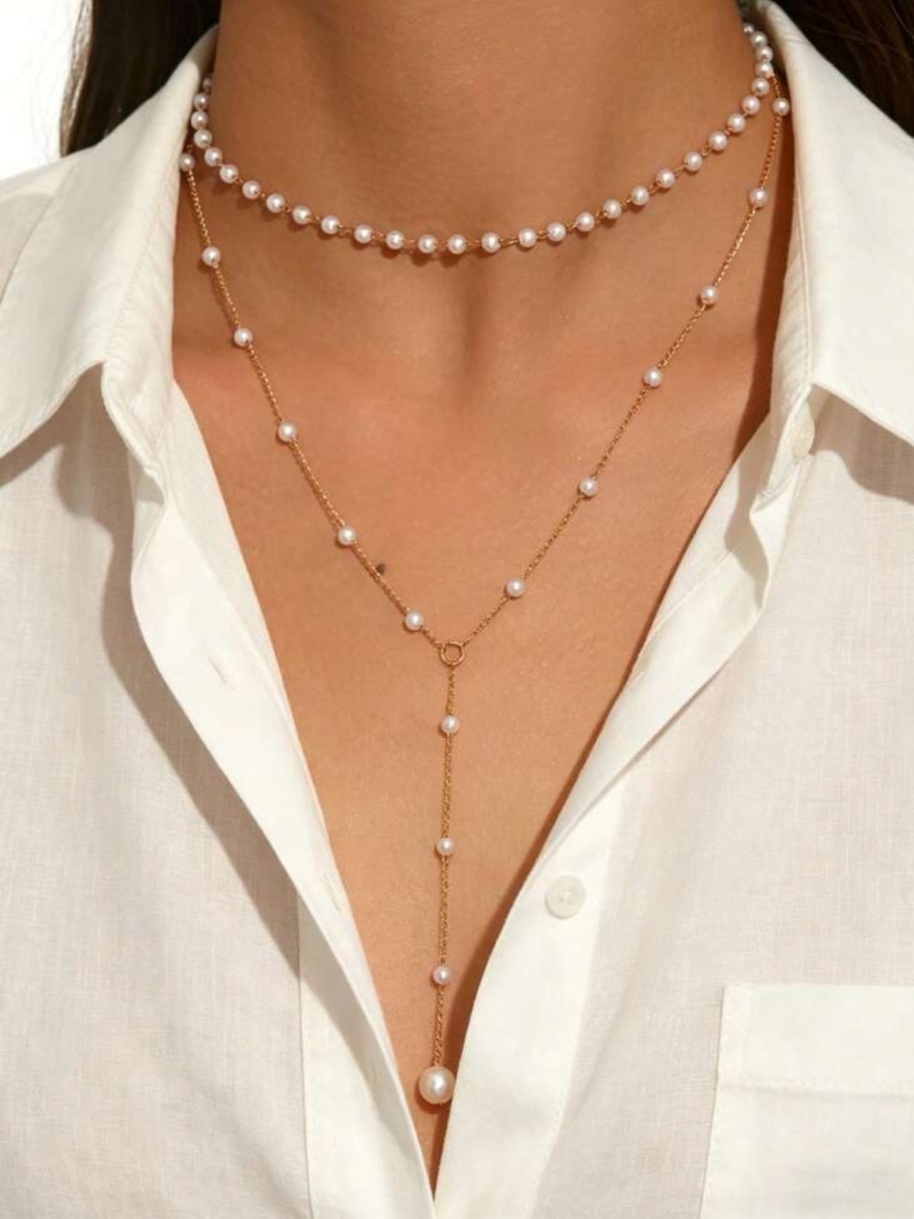 Gold and White Pearl Layered Y-Drop Necklace